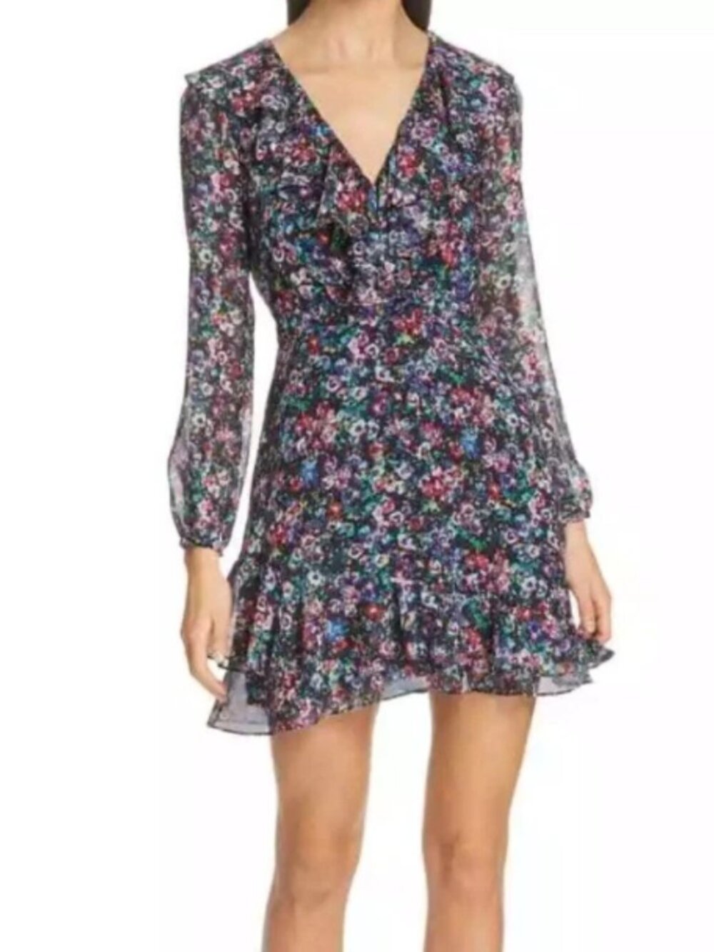 Saloni Jodie long sleeve Floral Jewel Rosette Print ruffled Silk Dress